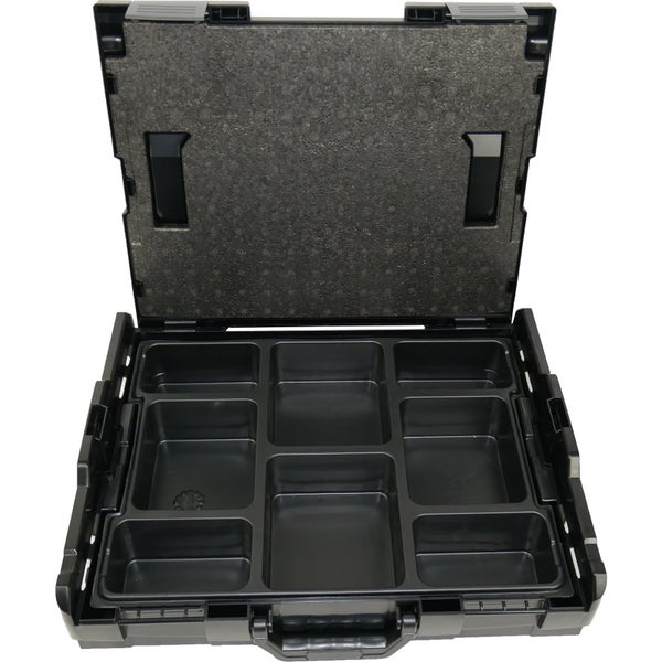 Werkzeugkoffer aus Kunststoff mit neun Fächern und Schaumstoffeinlage im Deckel.