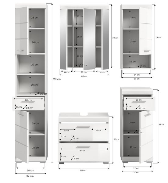 Abmessungen eines Badezimmermöbel-Sets mit Hochschrank, Spiegelschrank, Hängeschrank, Waschbeckenunterschrank und Midischrank in Zentimeter.