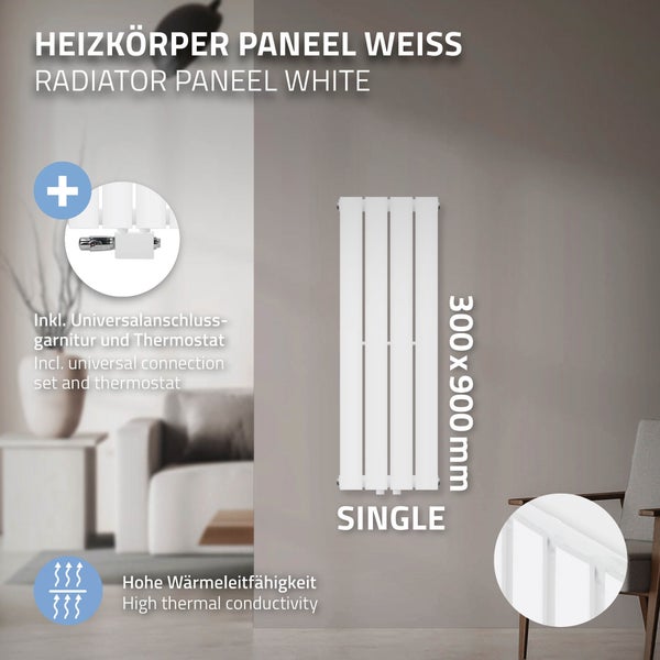 LuxeBath Paneelheizkörper Einlagig 300x900mm Weiß inkl. Anschlussgarnitur Thermostat Chrom Universal Eck- und Durchgangsform, Badheizkörper Mittelanschluss Designheizkörper Flachheizkörper Vertikal