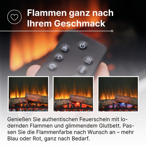 Fernbedienung eines elektrischen Kamins zur Steuerung von Flammenfarbe und Heizleistung vor Bildern mit verschiedenen Flammenfarben.