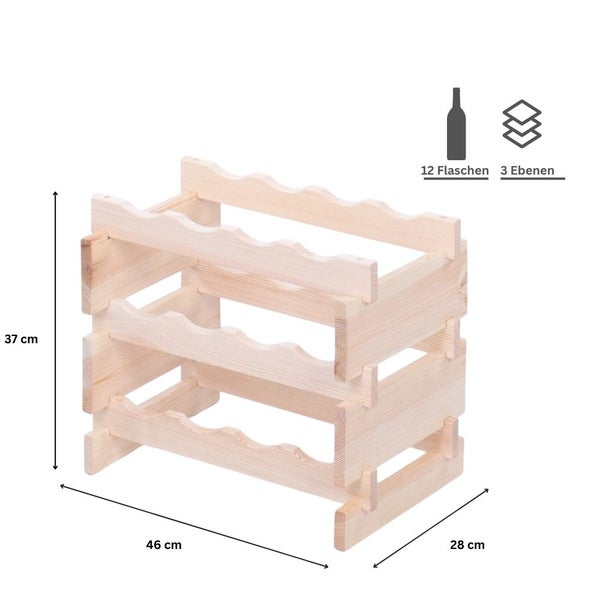 Weinregal VINOTECA FLEX PRO HxBxT 37x46x28cm 12 Flaschen auf 3 Ebenen Massives Kiefernholz Natur unbehandelt