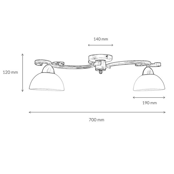 Technische Zeichnung einer Deckenleuchte mit zwei Leuchten und Maßangaben
