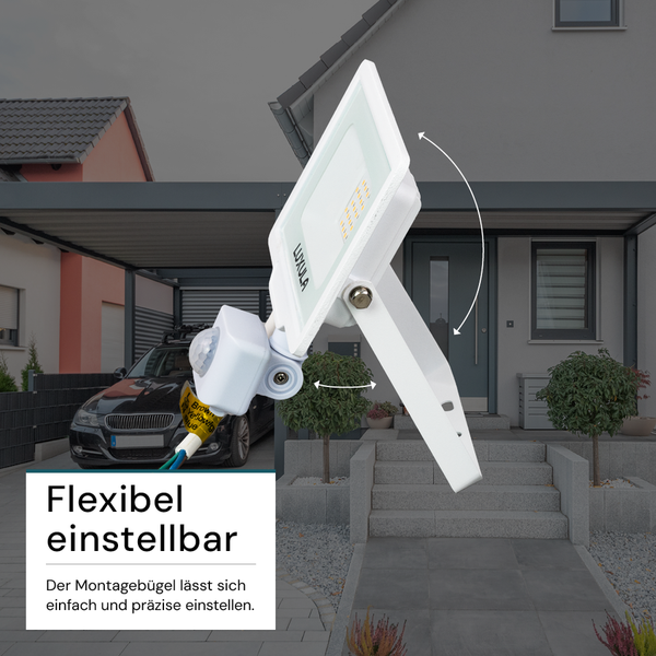 Luxula LED Strahler mit Bewegungsmelder vor einem Haus, flexibel einstellbar