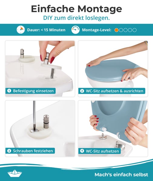 Montageanleitung für einen Toilettensitz mit den Schritten: Befestigung einsetzen, WC-Sitz aufsetzen und ausrichten, Schrauben festziehen, WC-Sitz aufsetzen.