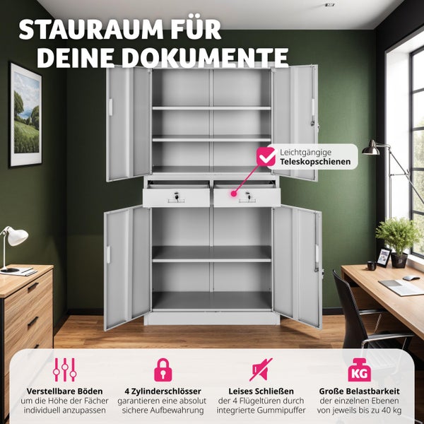 Aktenschrank tectake  180 x 80 x 40 cm aus pulverbeschichtetem Stahl hellgrau