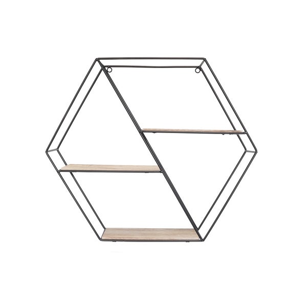 Wandregal aus schwarzem Metall, 3 Holzregale – Sechseck diagonal