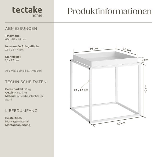 Beistelltisch tectake Cambridge 40 x 40 x 44 cm Stahl weiß