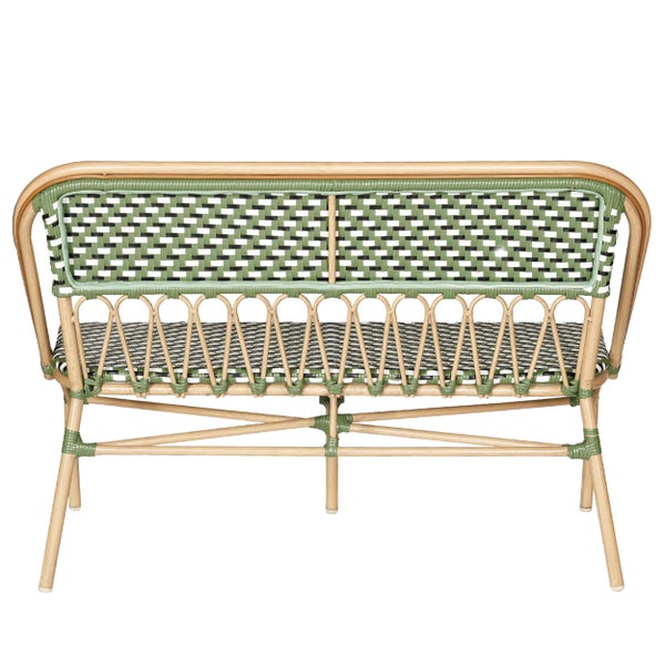 Rückansicht einer Gartenbank aus Rattan mit grün-weißem Geflecht und stabiler Verstrebung.
