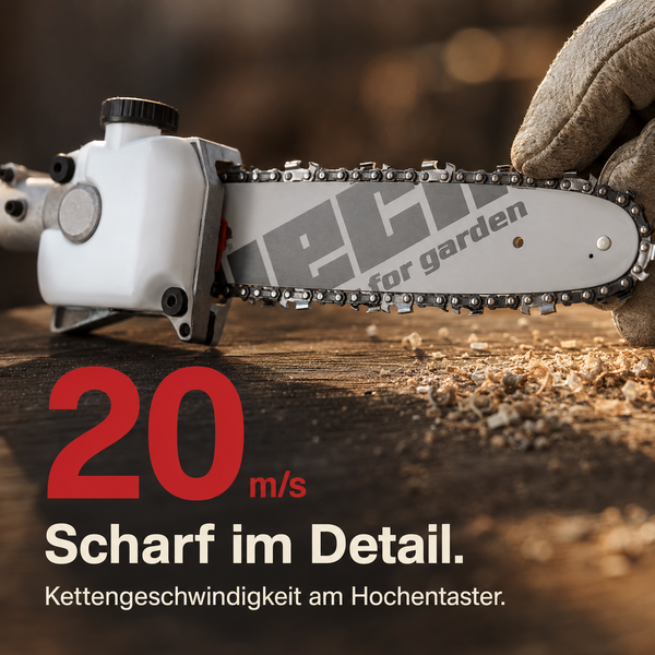 Nahaufnahme eines Hochentasters mit Hecht for garden Logo auf der Schiene auf Holz, Kettengeschwindigkeit von 20 Meter pro Sekunde.