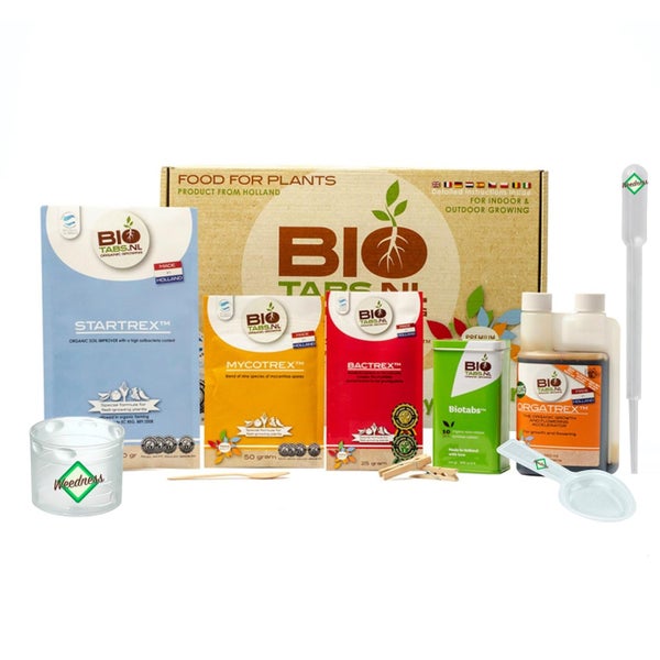 Biotabs Bio Düngerset für Pflanzen mit Startrex Mycotrex Bactrex Orgatrex Düngertabletten Messlöffel Pipette Biotabs Logo und Weedness Logo.