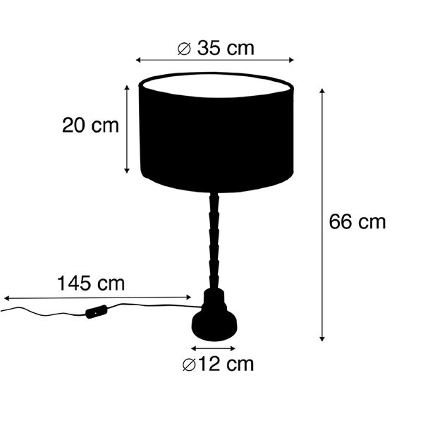 Abmessungen einer Tischleuchte: Höhe 66 cm, Lampenschirmdurchmesser 35 cm, Fußdurchmesser 12 cm, Kabellänge 145 cm