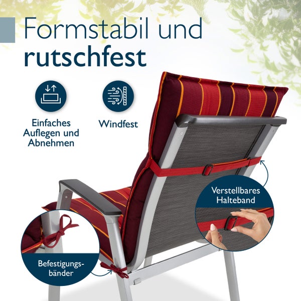 Formstabile Gartenstuhl-Auflage mit Befestigungsbändern und verstellbarem Halteband, windfest und rutschfest.