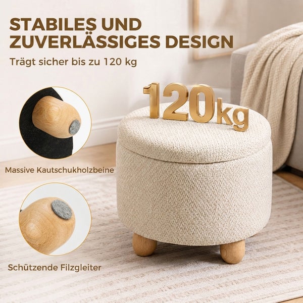 Runder Polsterhocker mit Stauraumfunktion, Beine aus massivem Kautschukholz mit Bodengleitern aus Filz, belastbar bis 120 Kilogramm.