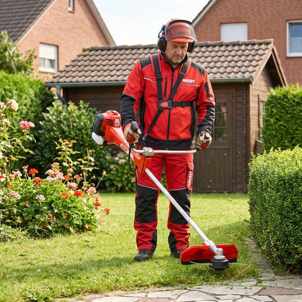 Ein Mann mit Schutzkleidung benutzt einen Rasentrimmer im Garten.