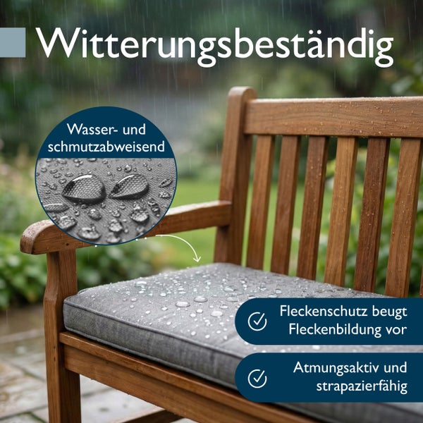 Gartenbank-Sitzkissen auf einer Holzbank. Es ist witterungsbeständig, wasser- und schmutzabweisend, atmungsaktiv sowie strapazierfähig.
