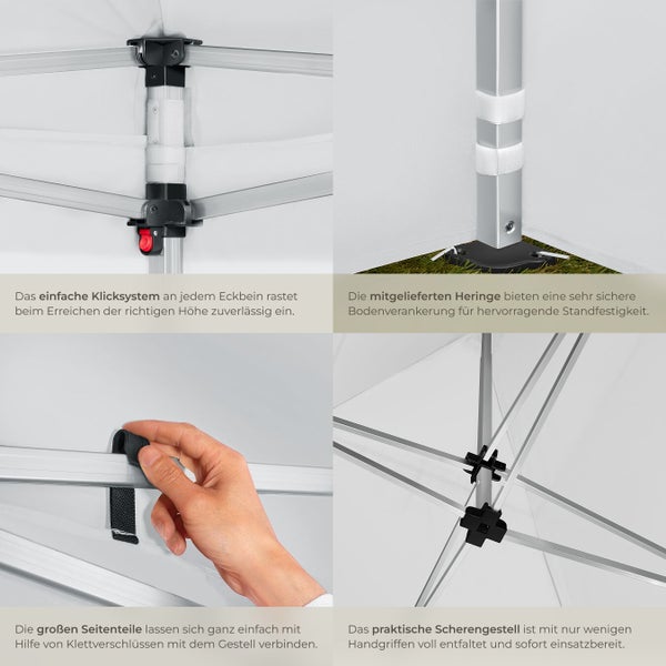 Details eines Faltzeltes: Klicksystem, Heringe, Klettverschlüsse und Scherengestell
