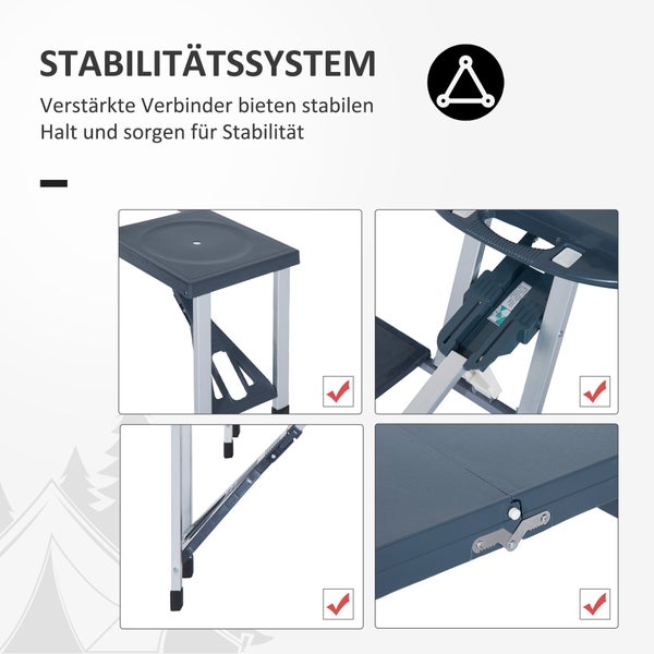 Outsunny Alu Campingtisch, Picknicktisch, mit 4 Sitzen, klappbar, L136 x B84,5 x H66 cm, Alu, Kunststoff, Dunkelgrau
