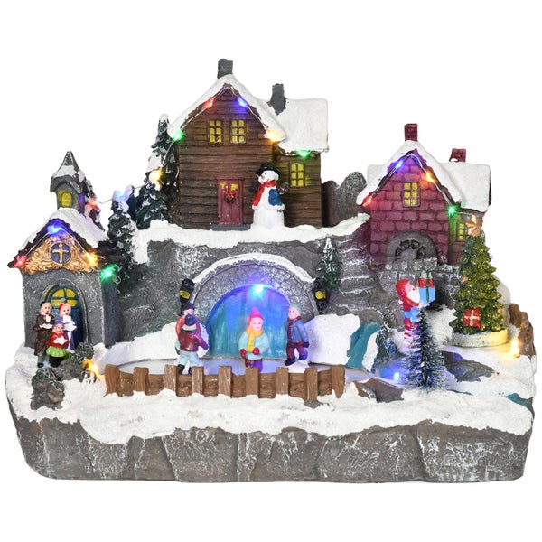 HOMCOM Weihnachtsdorf Tischdeko mit LED-Leuchtung Weihnachtsdeko Schlittschuhbahn Motiv mit beweglichen Kinder Weihnachten Village Winterlandschaft 32 x 25,5 x 24 cm