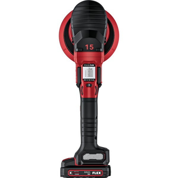 FLEX Akku Exzenterpolierer XFE 15 150 18-EC mit 18 Volt und 2,5 Amperestunden Akku für präzise Polierarbeiten.
