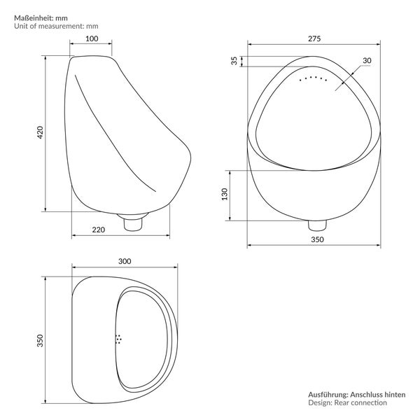 ECD Germany Urinal Weiß Zulauf von hinten, Hochwertige Keramik Pinkelbecken, Modernes Design Pissoir, 35x46x30 cm, oval, Spülrand geschlossen, Senkrechter Ablauf, WC-Urinal Absaugeurinal Urinalbecken