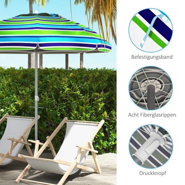 Heller Garten mit blau-grün gestreiftem Sonnenschirm und Holzliegestühlen. Details zeigen Befestigungsband, acht Fiberglasrippen und Druckknopf.