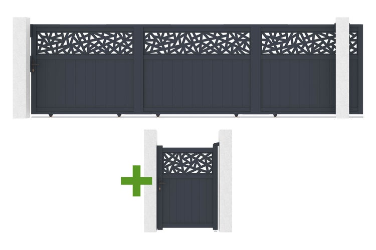 Anthrazitfarbenes Schiebetor und Gartentor Set aus Aluminium mit geometrischem Dekor im oberen Bereich.