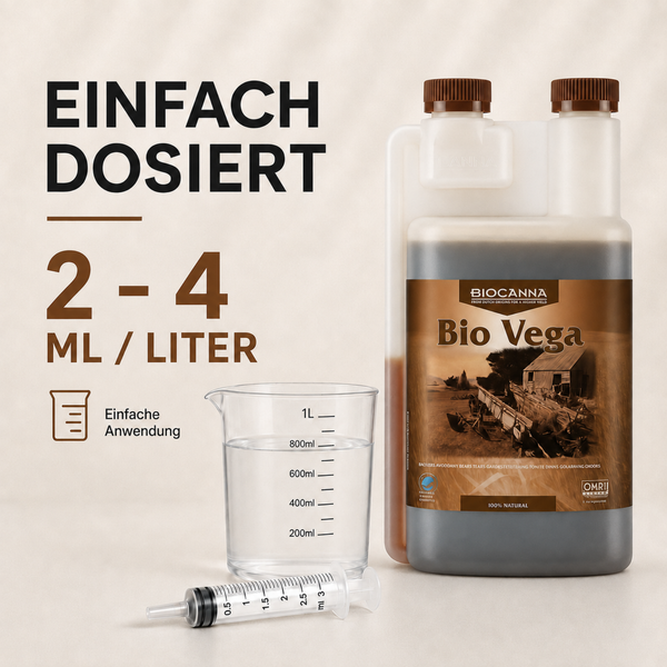 Bio Canna Bio Vega Pflanzendünger in Dosierflasche mit Messbecher und Spritze zur einfachen Dosierung von 2 bis 4 Milliliter pro Liter.