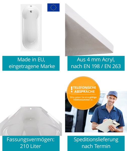 Calmwaters® Rechteck-Badewanne mit Dusche 180x80 cm, Acrylwanne Modern Small 2 mit Duschzone, Badewanne mit Dusche, Körperformbadewanne, Maße: 180 x 80 cm, Rechteckbadewanne Weiß, 02SL3314
