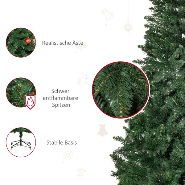 Künstlicher Weihnachtsbaum mit Details: realistische Äste, schwer entflammbare Spitzen und eine stabile Basis.