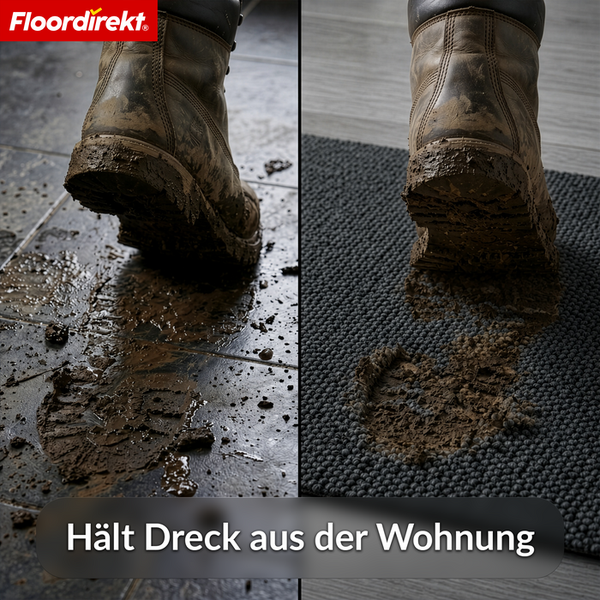 Vergleich eines schlammigen Arbeitsstiefels auf Fliesen und einer Schmutzfangmatte, die den Schmutz auffängt. Floordirekt Logo.