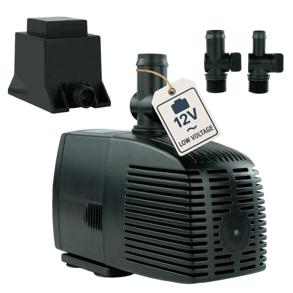 Teichpumpe 12 Volt mit Transformator und Anschlussstücken aus Kunststoff.