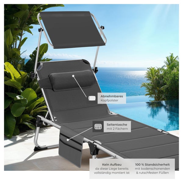 Sonnenliege tectake Lorella 220 x 60,5 x 34 cm, mit Seitentasche  gepolstert, klappbar grau