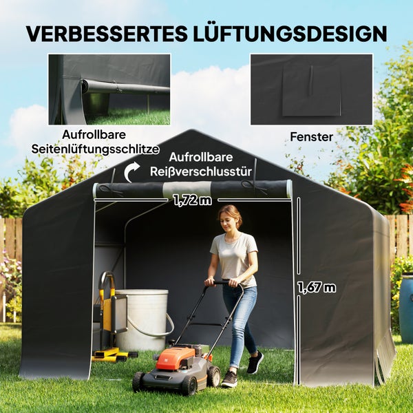 Graues Lagerzelt für Gartengeräte mit aufrollbarer Reißverschlusstür, Fenster und Belüftungsschlitzen. Maße: 1,72 Meter breit und 1,67 Meter hoch.