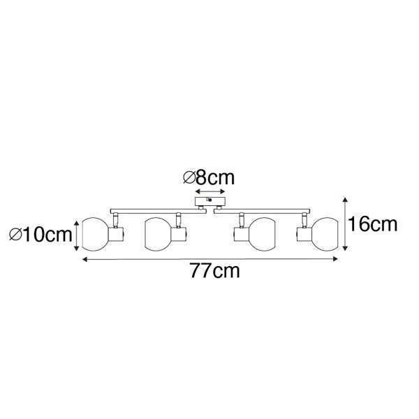 Abmessungen einer Deckenleuchte mit vier Leuchten, 77 cm breit, Leuchten mit 10 cm Durchmesser und einer Höhe von 16 cm. Die Deckenbefestigung hat einen Durchmesser von 8 cm.