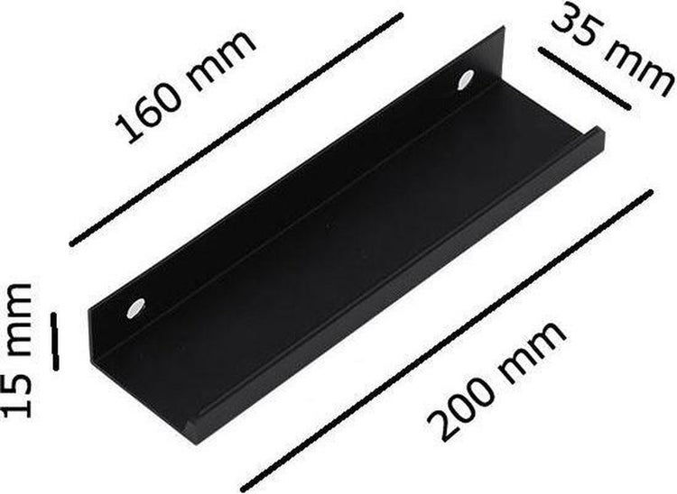 Schwarze Gerätehalterung mit den Maßen 160 mm x 35 mm x 15 mm und einer Länge von 200 mm