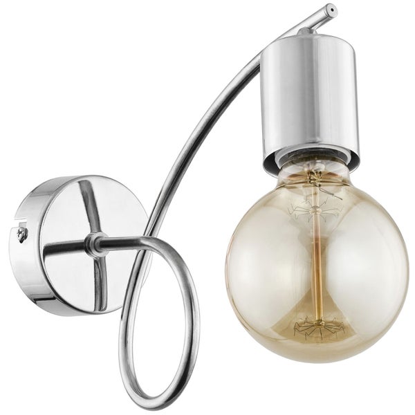Wandleuchte aus Metall mit einer offenen Glühbirnenfassung und einer großen, runden Edison Glühlampe.