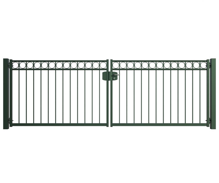 Doppelflügeltor aus Metall mit Stabfüllung und Zierleisten