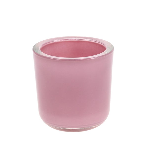 Zylindrischer Orchideentopf aus Glas in Rosa mit dickem transparentem Rand.