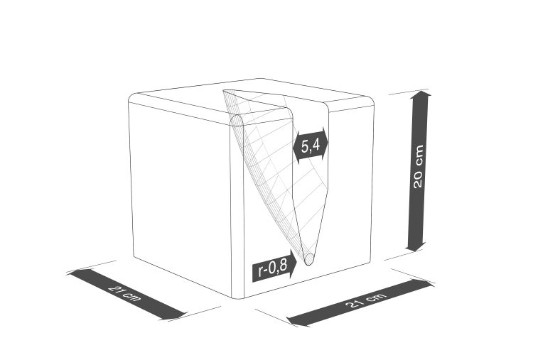 Technische Zeichnung eines Blocks: 21 mal 21 mal 20 Zentimeter. Mit V-Ausschnitt, Breite 5,4 und Radius 0,8 Zentimeter.