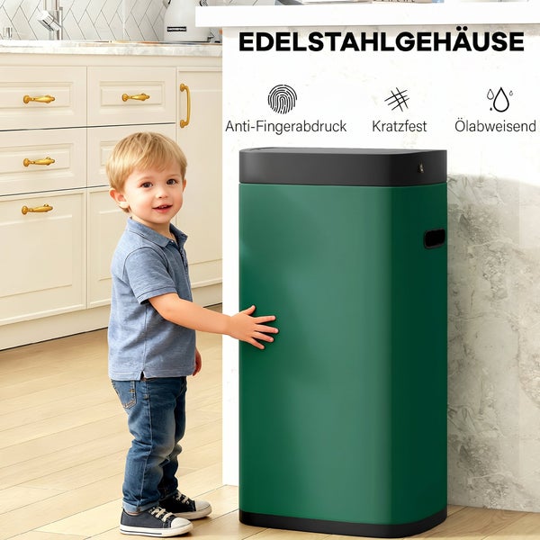 Kind steht neben einem rechteckigen Abfalleimer mit Edelstahlgehäuse, Anti-Fingerabdruck, Kratzfest und Ölabweisend Beschichtung.
