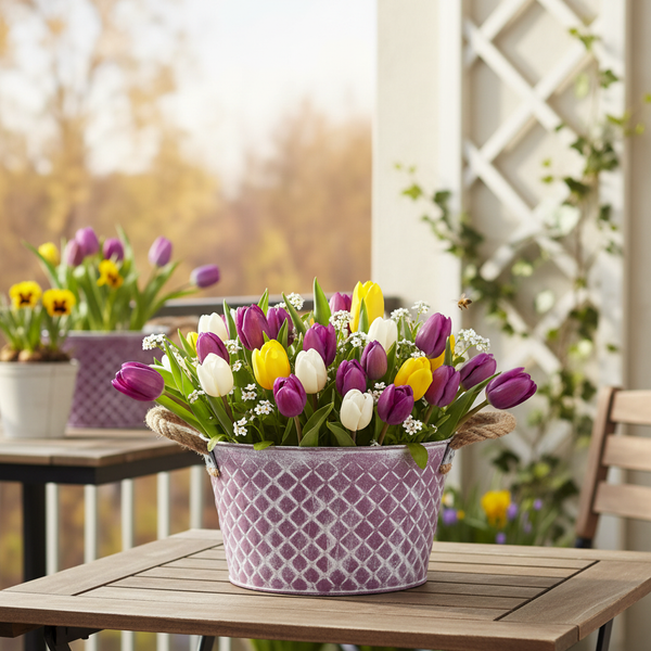 Tulpenstrauß in einem lila Dekotopf mit Gittermuster und Seilgriffen auf einem Holztisch.