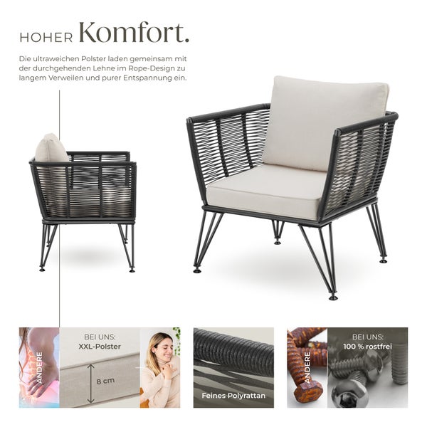 Garten-Loungesessel  tectake Sundo 75,5 x 67 x 71 cm rundes Polyrattan im Rope-Design anthrazit