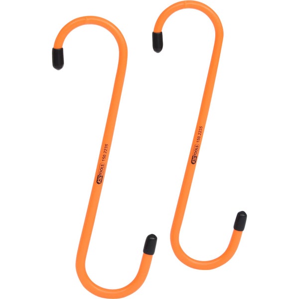 Zwei orangefarbene Werkzeughaken von KS Tools mit schwarzen Endkappen.