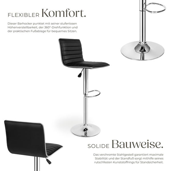 Höhenverstellbarer Barhocker mit schwarzem Sitz aus Kunstleder, gesteppter Rückenlehne, verchromtem Stahlgestell und Fußstütze.