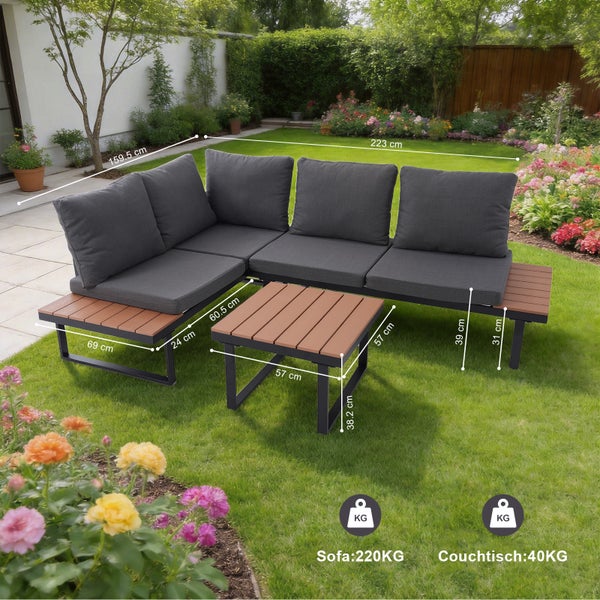 Moderne Garten-Lounge-Ecke mit Couchtisch, dunkle Kissen, Metallgestell und Holzlatten, Maße in Zentimeter und Belastbarkeit in Kilogramm.