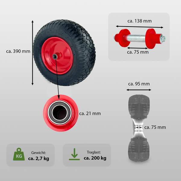 Schubkarrenrad mit Luftbereifung inklusive Achse und Maßangaben, Durchmesser circa 390 Millimeter, Traglast circa 200 Kilogramm.