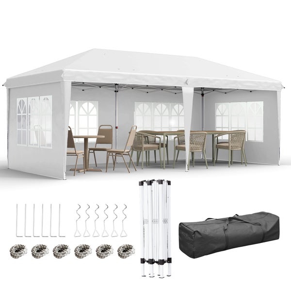 Outsunny Pavillon ca. 3x6m Wasserdicht Pop-up Faltpavillon mit UV-Schutz, Fenster, Partyzelt mit 4 Seitenwänden, Oxford Gartenpavillon inkl. Tragetasche Gartenzelt für Balkon, Terrasse, Weiß