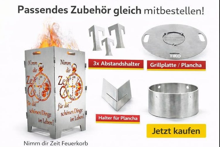 Feuerkorb Zubehör: Grillplatte, Plancha, Abstandshalter und Halter