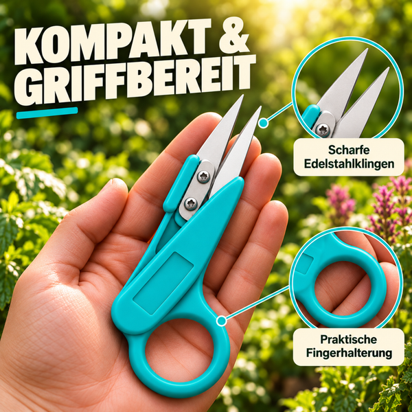 Kompakte Gartenschere für die Handfläche mit Edelstahlklingen und praktischer Fingerhalterung für präzise Schnitte im Garten.