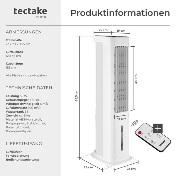 tectake home Logo. tectake Luftkühler Produktinformationen: Abmessungen circa 23 mal 29 mal 86,5 Zentimeter, technische Daten und Lieferumfang.